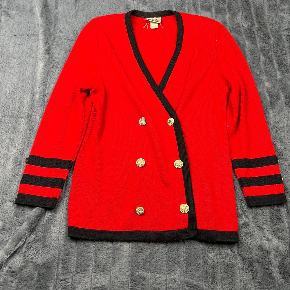Vintage Mita Red Black Double Breasted Cardigan Sweater Gold Buttons Size 12 USA